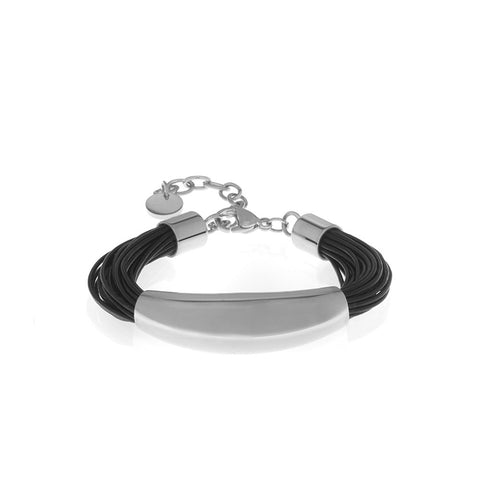Silvertone and Stainless Steel Black Leather Bracelet