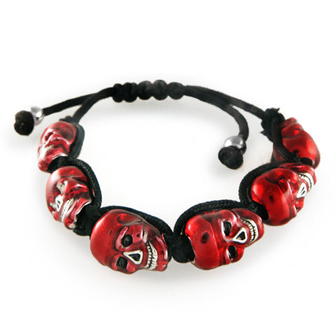 Lucky Skulls Red Enamel and Silvertone Shamballa Style Bracelet Large